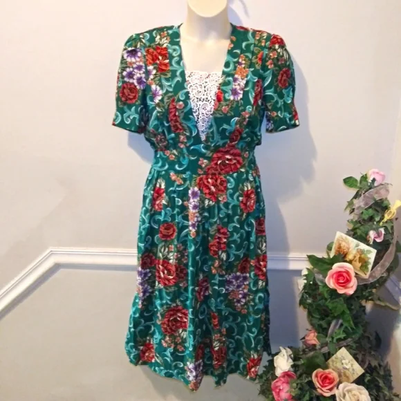 Miss Dorby Vintage 1980's Teal Burgundy & Purple Floral Cottagecore Style Dress - Picture 1 of 14